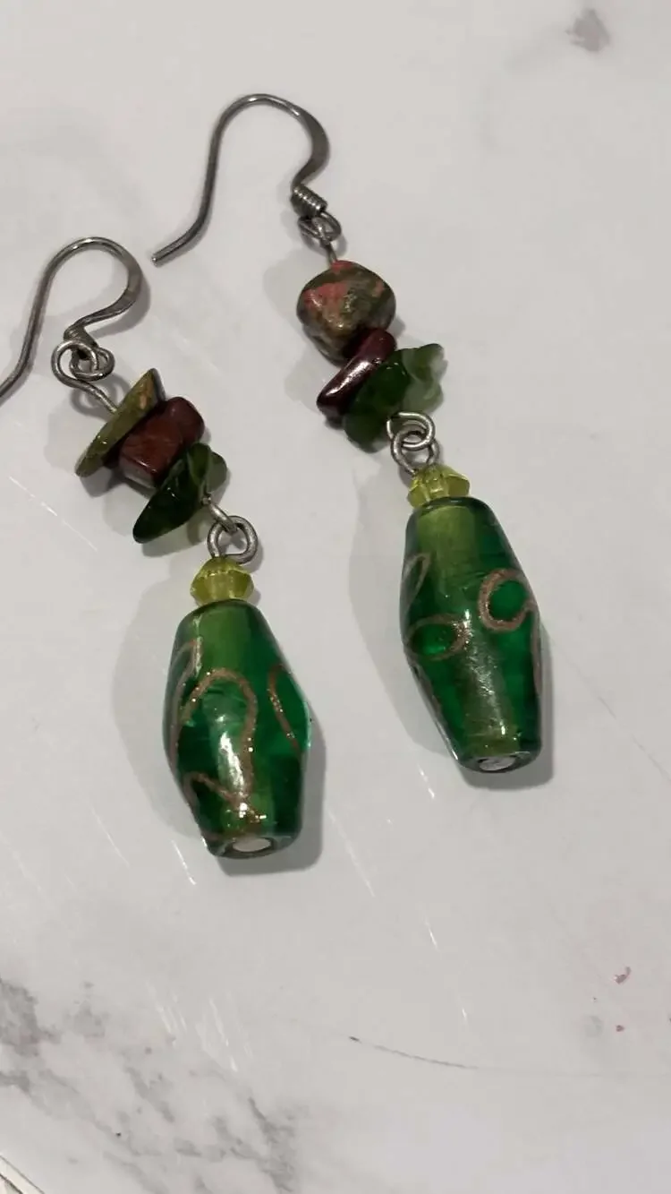 Handcrafted Green Glass Bead Dangle Earrings
